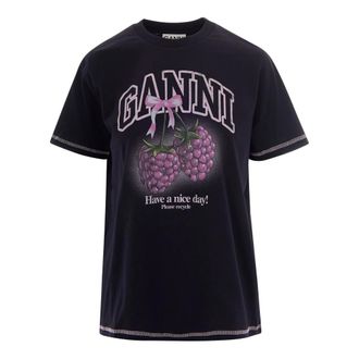 Ganni T-Shirts, female, Black, Size: XS Basic Cotton Jersey Raspberry Print