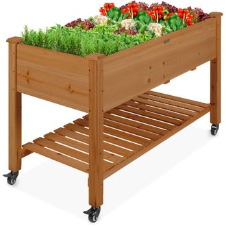 Best Choice Products Raised Garden Bed 48x23x32in Wood Mobile Elevated Planter w/ Wheel Locks, Shelf, Liner