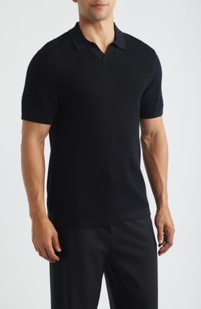 Reigning Champ Victor Johnny Collar Cotton & Linen Mesh Stitch Polo Sweater in Black at Nordstrom, Size Xx-Large
