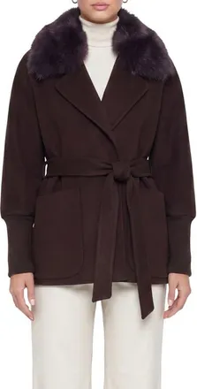 Gorski Fabric Jacket with Detachable Genuine Shearling Collar, Belt in Dark Brown at Nordstrom, Size X-Small