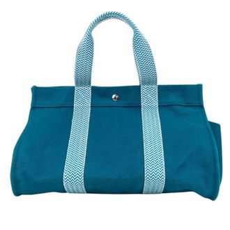 Herm&egrave;s Blue Green Cotton Canvas Pouch Tote Bag (Pre-Owned)
