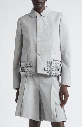 Comme Des Gar&ccedil;ons Bow Detail Tropical Wool Jacket in Grey/Pink at Nordstrom, Size X-Small