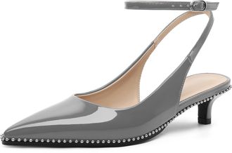 EDEFS Womens Grey Patent Leather Pointed Toe Ankle Strap Heels - 1.5 Kitten Heel Studded Slingback Pumps for Party
