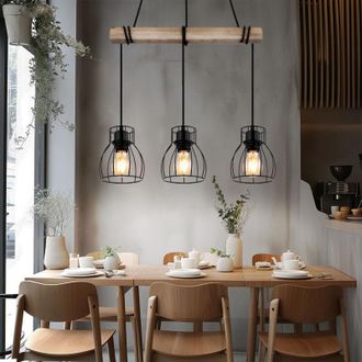 Globo Lighting Lampada a sospensione vintage lampada a sospensione in legno lampada da tavolo retro con trave in legno, metallo nero, 3 prese E27, LxLxH 50x14x140 cm