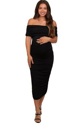 Pinkblush Off Shoulder Ruched Midi Dress in Black at Nordstrom, Size Medium