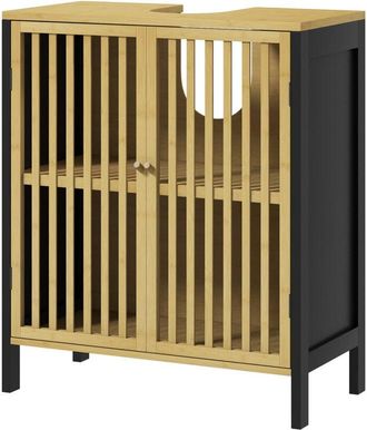 HOMCOM Mobile Sottolavabo 2 Ante a Doghe in Bambù e MDF con Intaglio a U Nero