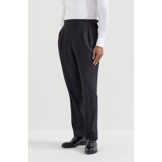 Brunello Cucinelli Virgin wool and silk lightweight twill tuxedo trousers with double pleats and waist tabs in Navy Blue at Nordstrom, Size 52 It