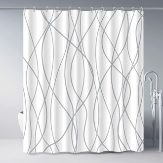 OEM Cortina De Ducha De 180x200 Cm, Tela A Rayas Grises, Impermeable, Para Ba&ntilde;era O Ducha, Cortina De Ba&ntilde;o Blanca Con 12 Ganchos