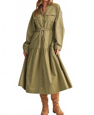 Merci Utility Midi Dress With Contrast Piping Trim In Olive
