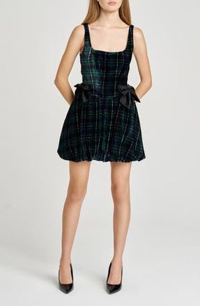 Wayf Brielle Bubble Hem Velvet Minidress in Blue-Green Plaid at Nordstrom Rack, Size Medium