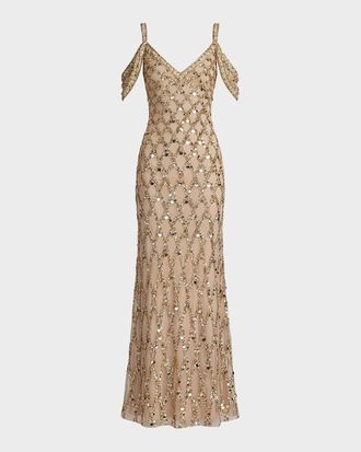 Mac Duggal Geometric Sequinned Tulle Column Gown