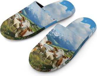 Generic Country Animals Cows And Sheep Flannel Mens Slip-on Slippers Winter Warm House Shoes with Rubber Sole for Home Hotel