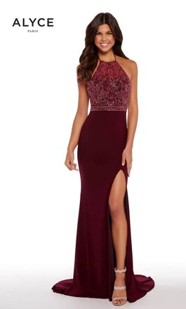 Alyce Paris Long Jersey Knit Beaded Halter Dress In Wine