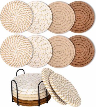 OEM Posavasos Con Soporte - Posavasos De Algod&oacute;n Tejido - Absorbentes - 11 Cm - Para Proteger La Mesa - 8 Piezas - Serie De Ocho Colores Surtidos
