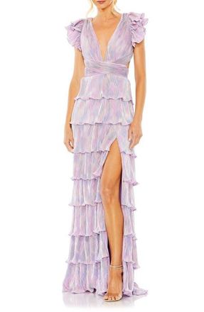 Mac Duggal Ruffle Tiered Criss Cross Lace Up Gown in Purple Multi at Nordstrom, Size 14