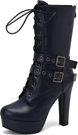 Generic Womens Platform Heel Biker Boots with Lace-Up & Double Buckle Straps for Casual & Night Out Wear,Blue,7.5 UK