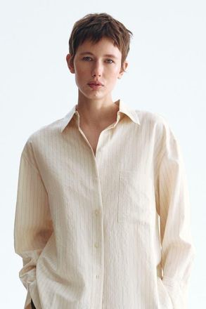 H&M Oversized Shirt in Light Beige/pinstriped at Nordstrom, Size Xx-Large