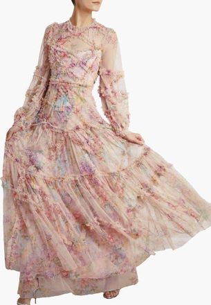 Needle & Thread Floral Diamond Ruffle Gown in Topaz Pink at Nordstrom, Size 4