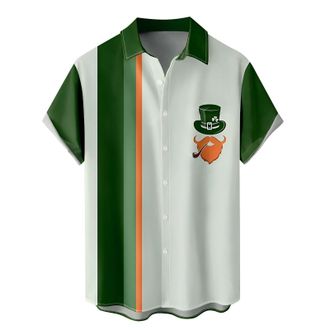 Generic St Patricks Day Mens Shirts Green Clover Shamrock Printed Button Down Shirts Short Sleeve Smart Casual Floral Linen Green T-Shirt Funny IrishPresents 