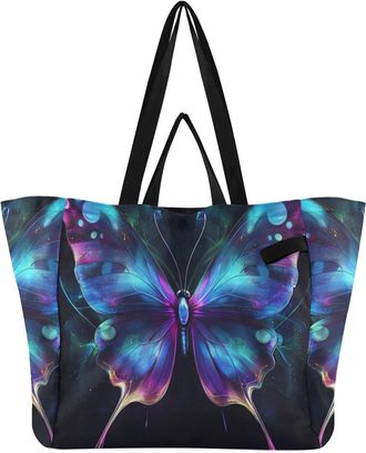 Generic Butterfly Blue Black print Reusable Canvas Tote Bag, Heavy Duty Grocery Shopping Bag with Hard Bottom Large Capacity Double Handles Work Groceries Tra