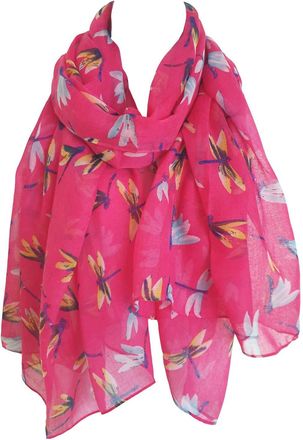 GlamLondon Dragonfly Scarf, Womens Dragon fly print scarves, Pink, Blue, White Colours, Small Dragonflies (Pink Cerise - DAYDREAM)