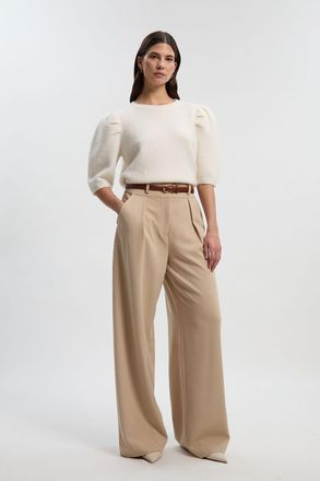Karen Millen Womens Compact Stretch Essential Tailored Wide Leg Trouser - Beige - Size 14 UK