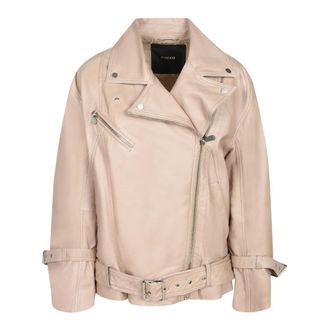 Pinko Leren Biker Jack - Dames - Leren en Su&egrave;de Jassen - Beige - XS - Leer - Jassen