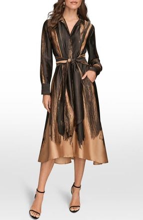 DKNY Long Sleeve Midi Dress in Black/Fawn at Nordstrom, Size Large