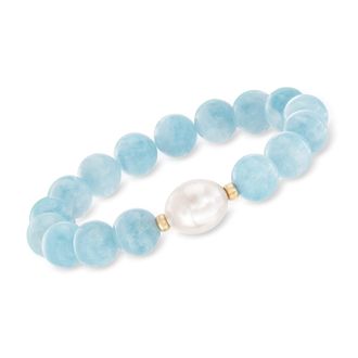 Ross-Simons 12-13mm Cultured Baroque Pearl and Milky Aquamarine Stretch Bracelet With 14kt Yellow Gold