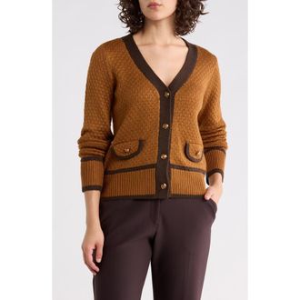 Cyrus Contrast Trim Boyfriend Cardigan in Cello Brown/Henna Brown at Nordstrom Rack, Size X-Large