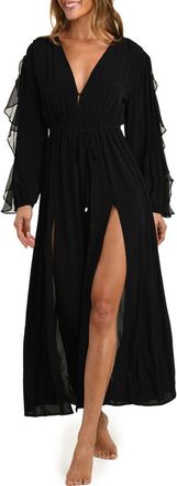 L'agence Sara Ruffle Long Sleeve Chiffon Cover-Up Maxi Dress in Black at Nordstrom, Size X-Small
