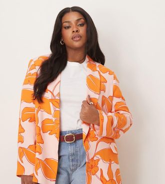 Asos Curve relaxed blazer with linen in palm print-Multi