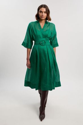 Karen Millen Womens Organdie Plunge Collared Woven Maxi Dress - Green Linen - Size 10 UK