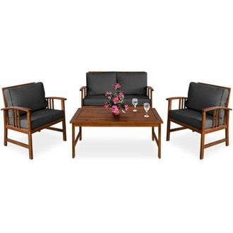 Deuba Casaria Conjunto De Jard&iacute;n Atlas 4 Personas Madera De Acacia Mesa Sillas Banco Cojines Lavables Balc&oacute;n Terraza Crema/gris