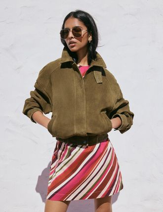 Nobody's Child Khaki Funnel Neck Suede Bomber Jacket