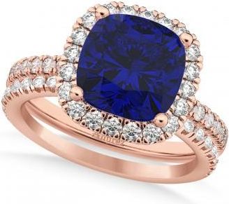 Allurez Blue Sapphire & Diamonds Cushion-Cut Halo Bridal Set 14K Rose Gold (3.38ct)