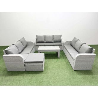 Fimous Pe Rattan Lounge Sofa Set 10 Seater Outdoor Garden Furniture Set with Oblong Coffee Table 3 Seater Sofa Big Footstool 2 Side Table Light Grey - Fimous