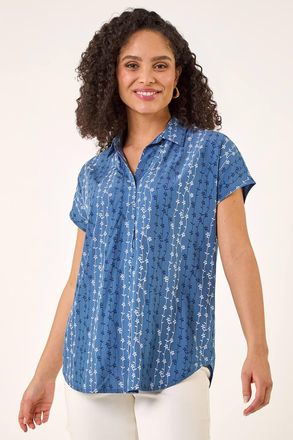 Roman Floral Stripe Print V-Neck Top