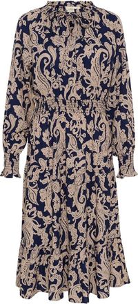 Cream Blauwe Paisley Lange Jurk met Pofmouwen - Dames - Casual kleedjes - Bruin - S - Kleedjes