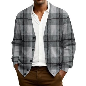 Generic Mens Knitted Cardigan Classic Plaid Cardigans V Neck Button Jumper Winter Warm Casual Long Sleeve Wool Blend Sweater