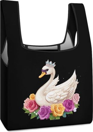 Generic Pretty Animal Swan Flower Shopping Bag Reusable Grocery Tote Bag Foldable Handbag for Travel Picnic