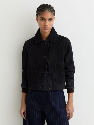 Reiss Navy Suede Cropped Trucker Jacket, 14