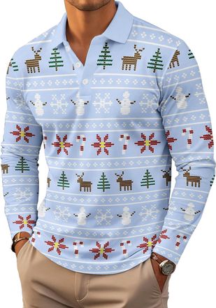 Generic Unisex Christmas Long Sleeve Polo Shirt, Polyester Button Down Collar, Relaxed Fit, Casual Sport Golf Wear, Modern Style, Machine Washable (UK, Alpha,