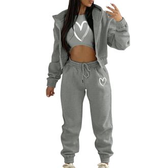 Generic Womens Casual Stylish Tracksuit Set Long Sleeve Solid Tops and High Elastic Waist Straight Trousers Hoodie Jogger 3 Piece Loungewear Outfit Track Suit