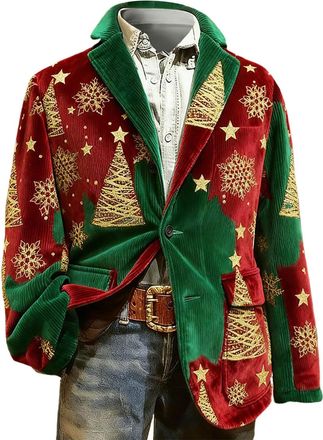 Generic Christmas Blazers for Men UK Corduroy Jacket Ugly Christmas Blazer Jackets Xmas Festive Costume Party Blazer Slim Fit Single-Breasted Suit Jacket Nove