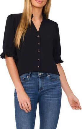 CeCe by Cynthia Steffe V-Neck Button-Up Shirt in Rich Black at Nordstrom Rack, Size X-Large