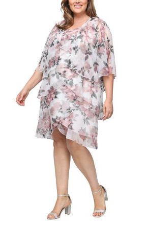 S.L. Fashions Tiered Floral Shimmer Cocktail Dress with Jacket in Blush Multi at Nordstrom, Size 14W
