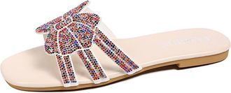 Generic Womens Summer Slides Fashion Square Open Toe Rhinestones Bow Decor Lightweight Casual Slip On Flat Sandals (7.5,Pink)