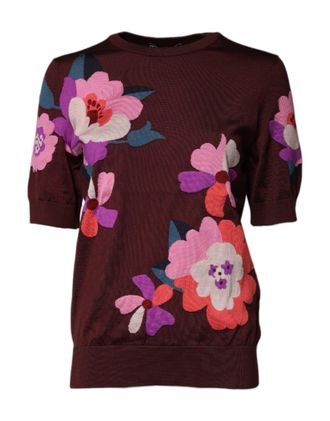 Dolce & Gabbana Womens Maroon Floral Silk Crew Neck Blouse Top