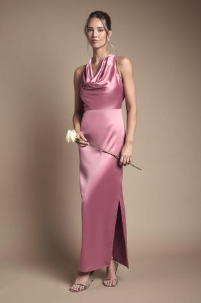 Oasis Womens Satin Cowl Neck Maxi Bridesmaid Dress - Rose - Size 14 UK
